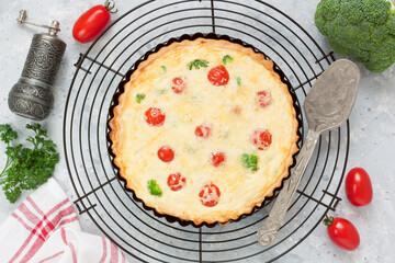 Homemade traditional vegetable, cheesy and creamy pie Quiche