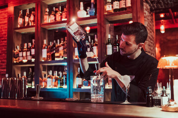 Bartender mixing cocktail in pub