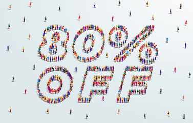 80 Percent off. Large group of people form to create a shape 80% off. Special Offer Sale Design. Vector Illustration of advertising banner.