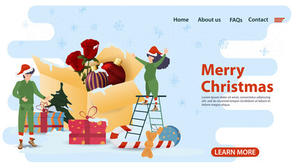 banner for Christmas and new year design of web pages mobile applications elves stand near an open box with rose flowers and balloons flat vector illustration