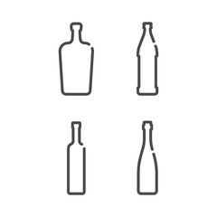 Liquor beer vodka red wine. Bottle in flat style on white background. Simple template design. Set beverage icon design. Isolated illustration outline object. One line symbol of an alcoholic drink