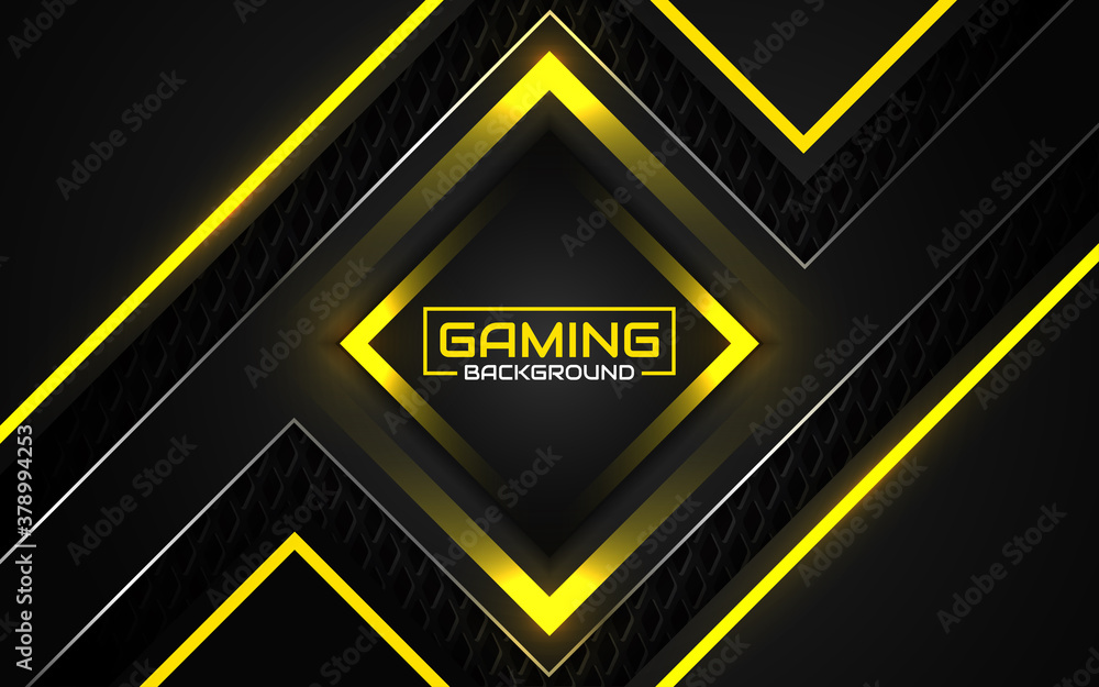 Wall mural abstract futuristic black and yellow gaming background with modern esport shapes. vector design temp