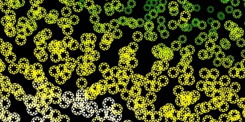 Dark green, yellow vector background with bubbles.