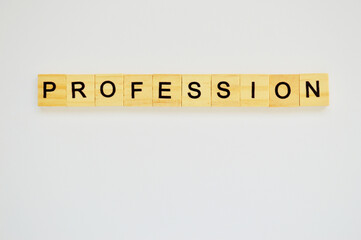 Word profession. Wooden blocks with lettering on top of white background. Top view of wooden blocks with letters on white surface