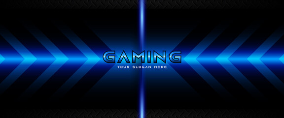 Futuristic blue and black abstract gaming banner design with metal technology concept. Vector illustration for business corporate promotion, game header social media, live streaming background