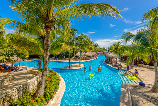 Cancun, Yucatan Peninsula, Mexico, October 31, 2015: Outdoor Swimming Pool in Iberostar Resort.
