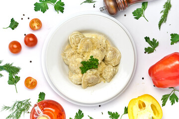 Italian ravioli pasta with meat or fish on white background