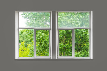 Closed white window overlooking green garden. Green trees outside the window - 378996210