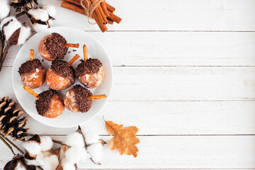 Autumn acorn shaped donut holes. Top view side border on a white wood background with copy space.