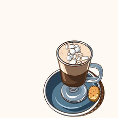 Cup of cocoa with marshmallows and biscuit on plate. Digital hand drawn illustration with space for text on cream background. Good for card, invitation, brochure, restaurant menu and web design. 