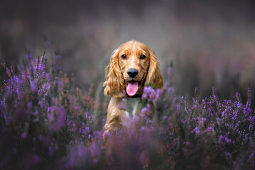 english cocker spaniel puppy portrait on a heather field - obrazy, fototapety, plakaty