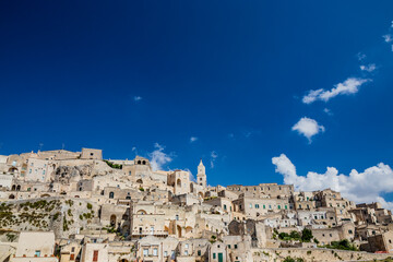 Matera, Basilicata, Italy - Panoramic view from the top of the Sassi of Matera, Barisano and Caveoso. The ancient houses of stone and brick, carved into the rock.