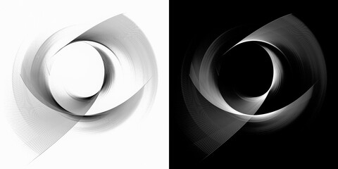 Set of monochrome graphic design elements on white and black backgrounds. The surfaces are curved around a circle and directed in different directions. 3d rendering. 3d illustration.