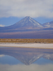 Reflection of Licancabur Volcano in Cejar Lagoon in the Atacama desert in the north of Chile