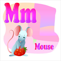 Letter M, cute gray mouse with strawberries in paws drawn in cartoon style. Children's English alphabet. Vector illustration isolated on white background