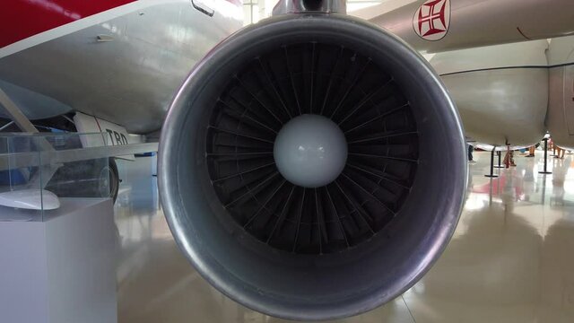 Close up of airplane engine during maintenance. 4K