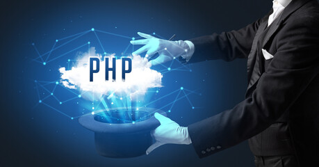 Magician is showing magic trick with PHP abbreviation, modern tech concept
