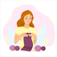 young girl with red hair with needlework in her hands, woman knits a scarf, balls of yarn, hobbies and hobbies vector illustration, concept art of homework