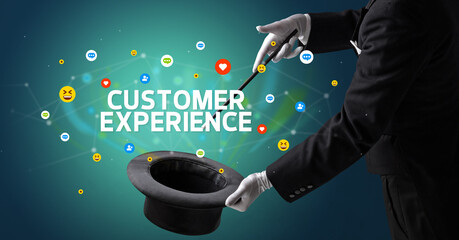 Magician is showing magic trick with CUSTOMER EXPERIENCE inscription, social media marketing concept