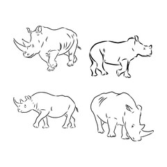 Rhino silhouette line drawings - vector set of three . Rhino vector sketch illustration