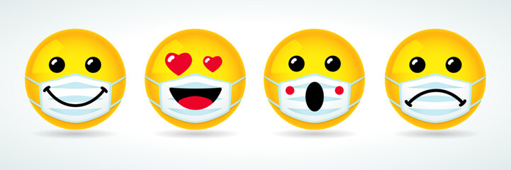 High quality yellow vector cartoon emoticons icons in medical mask. Social media chat comment icon reactions template: smile, love, sad, wow emoji. Laughter character with guard mouth mask