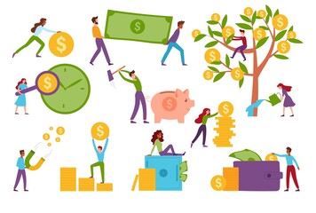 Large money and financial set with diverse people at various activities with dollars in gold coins and bank notes, man breaking open a piggy bank and a money tree on white, colored vector illustration