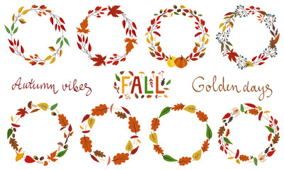 Set of 8 autumn fall circle wreaths with oak, maple leaves, mushrooms, acorns, branches. Seasonal isolated elements. Round frame template. Flat cartoon design. For cards, posters, banners. Lettering.