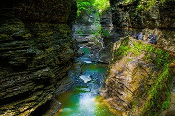 View of a cascading waterfall in a lush green canyon in upstate New York
