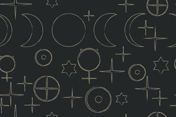 Stars and the moon. Signs of planets. Astronomical symbols. Esoteric pattern on a gray background.