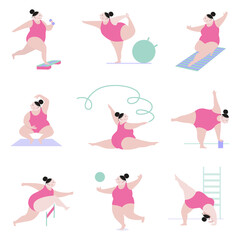 Set of vector illustration of a young girl doing weight loss exercises.A plump woman goes in for sports.