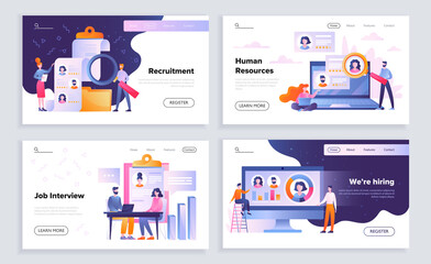 Obraz na płótnie Canvas Set of four recruitment and human resources concepts. Web page templates for employment, job interviews and business vacancies, colored vector illustration