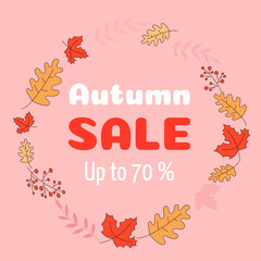 Autumn sale banner. Vector illustration in flat style. Floral frame with autumn leaves and discount for ads, flyer, seasonal autumn sale, special offers, shopping. Seasonal discount advertisement