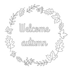 Vector autumn wreath with falling leaves: maples, oak, ash berry and text 