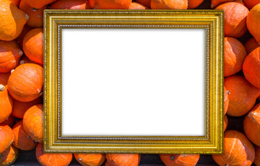 Obraz premium gold frame on pumpkin field, free space for your design, mock up