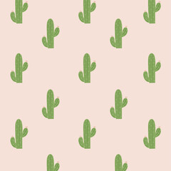 Cactus seamless pattern, hand drawing, vector illustration. Painted green peyote with spikes on white background. For fabric design, cloth, wallpaper, decorating