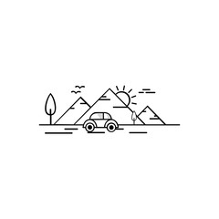 Travel with car. Adventure, vintage car, outdoor recreation, adventures in nature, vacation. vector illustration in flat design.