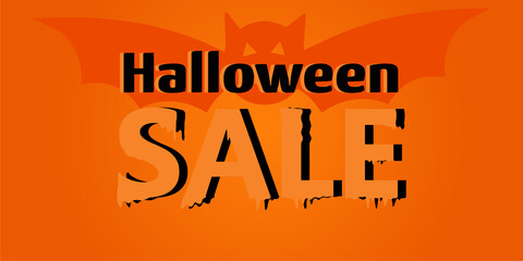 Halloween sale banner with shadow on the orange background. Vector illustration for advertisement, social network, shopping discount. Sale flyer for marketing purposes with sale text