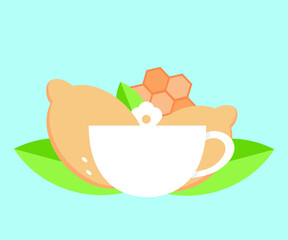 White tea cup with lemon,leaves,flower and honeycomb.Honey lemon tea