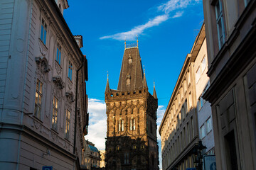 Naklejka premium Powder tower or powder gate. Gothic tower in Prague, Czech Republic. It is one of the original city gates. It separates the Old Town from the New Town