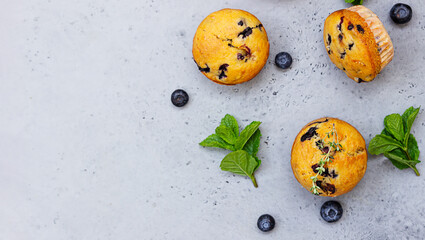Fresh homemade delicious blueberry muffins decorated with thyme, fresh berries and mint on grey concrete background. Top view. © valentinamaslova