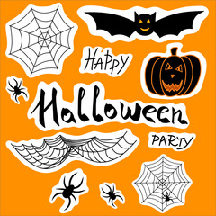 Halloween set of spiders, web, pumpkin. Halloween clipart, stickers, icons. Scary elements for decoration. Hand-drawn spider, web. Vector spider isolated on orange background. Halloween party sign