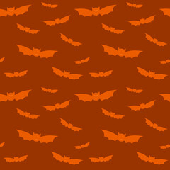 Halloween seamless pattern with orange flying bats. Bat silhouette icons on orange background for wrapping paper, postcards, home textile, costumes. Vector illustration isolated. Halloween decorations