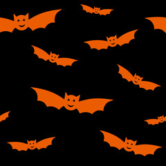 Fototapeta premium Halloween seamless pattern with orange bats on black background. Bat silhouettes on black background for wrapping paper, postcards, home textile, costumes. Vector illustration. Greeting card concept