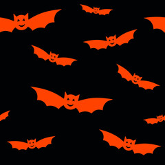 Fototapeta premium Halloween seamless pattern with orange bats on black background. Bat silhouettes on black background for wrapping paper, postcards, home textile, costumes. Vector illustration. Greeting card concept