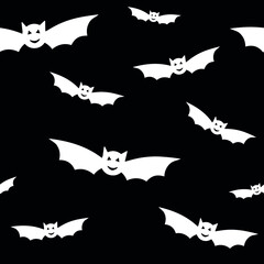 Halloween seamless black and white pattern with white bats. Bat silhouette icon on black background for wrapping paper, postcards, home textile, costumes. Vector illustration.  Greeting card concept