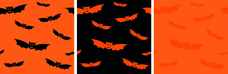 Set of Halloween seamless patterns with flying bats. Bat silhouettes for wrapping paper, postcards, home textile, fabric, costumes. Vector illustration isolated. Halloween holiday decorations set