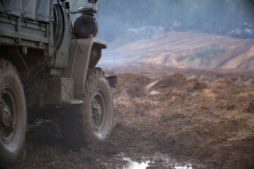 Battle tanks and cars on a battle line. The border.