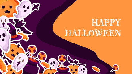 stylized poster design for Halloween. Image of sweets, bats, ghosts and other magical attributes on an orange background . Perfect for postcards, flyers, invitations, banners. EPS10 