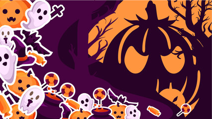 Naklejka premium stylized poster design for Halloween. Image of sweets, bats, ghosts and other magical attributes surrounded by fairy trees . Perfect for postcards, flyers, invitations, banners. EPS10