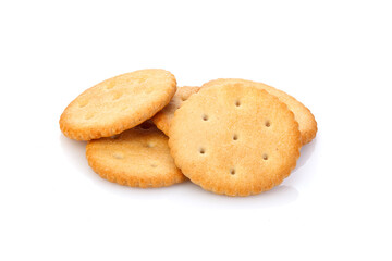 Fototapeta na wymiar Dry cracker cookies isolated on white background. Saltines isolated. Top view, concept of food. Close-up. Full depth of fieldm.